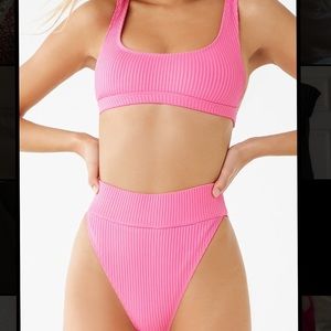 Hot pink high waisted ribbed bikini